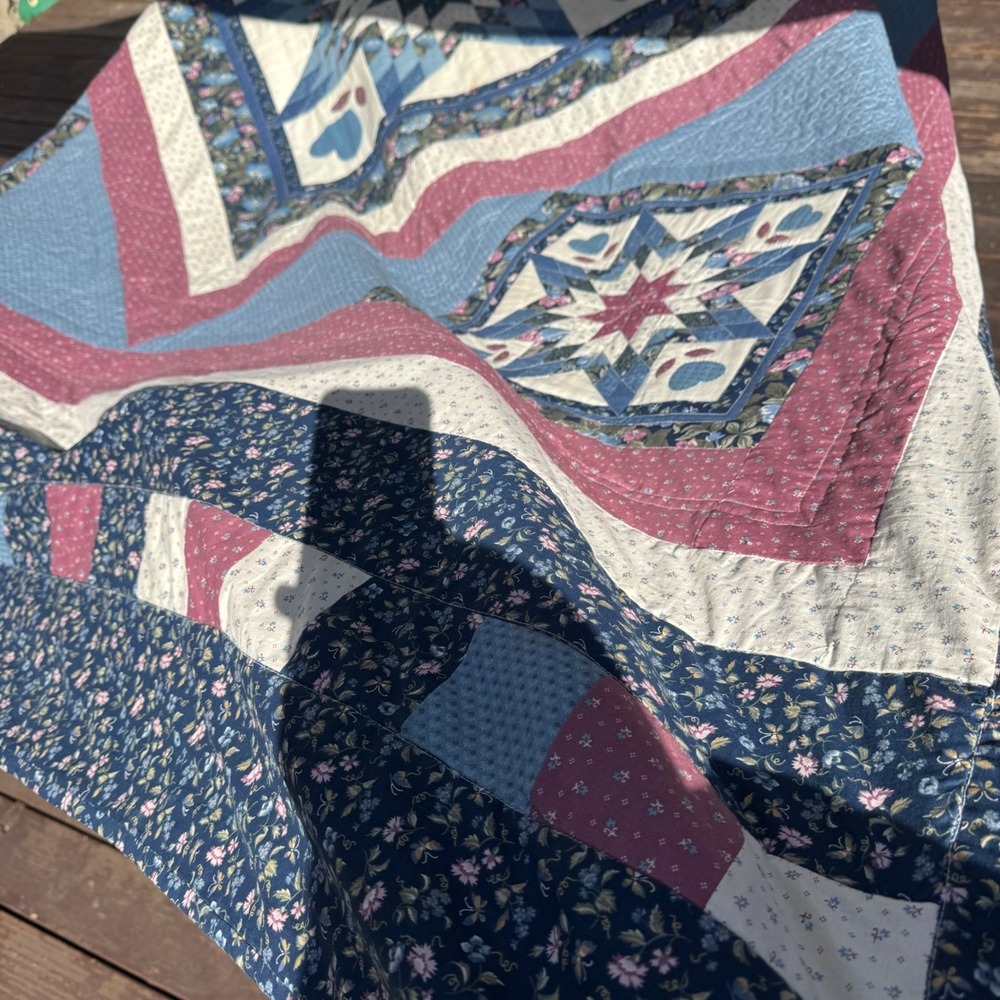 Handmade Vintage Quilt Queen Blue Red Lone Star Heart Floral Patchwork 82x102" - Picture 11 of 16